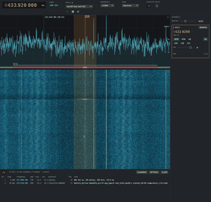 WaveShark decoding a weather station on 433.92 MHz, with spectrum, waterfall and packet list