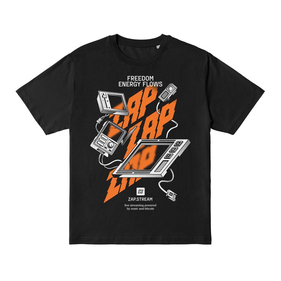 Black ZapZapZap shirt with the orange ZAP print